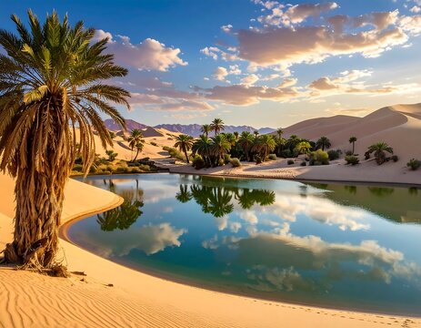 Desert oasis scene with palm trees, serene lake, and sand dunes - Powered by Adobe