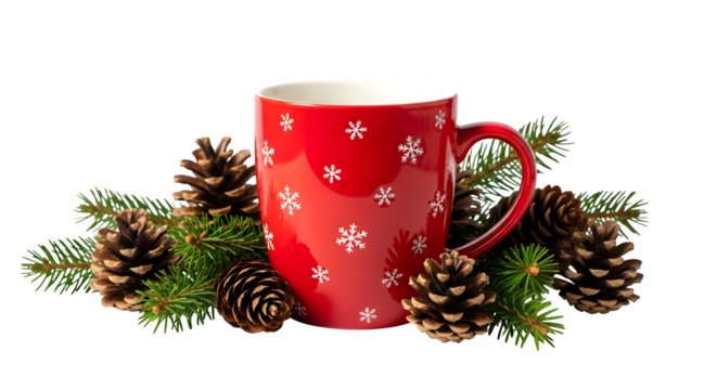 Holiday mug with hot cocoa marshmallows isolated transparent with snowflake design surrounded by pinecones and evergreen branches isolated on transparent background