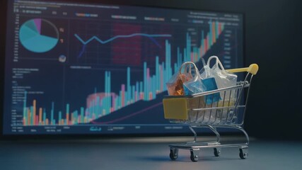 Miniature shopping cart in front of a monitor displaying financial data and charts. - Powered by Adobe