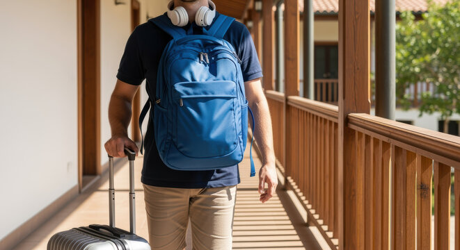 Traveler with blue backpack and headphones walking along outdoor corridor, pulling suitcase on sunny day at modern lodging