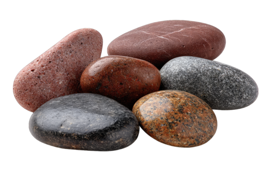 A group of various smooth, colorful beach pebbles on a dark background.