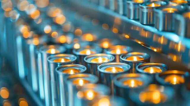 Rows of lit candles in metallic holders with bokeh effect