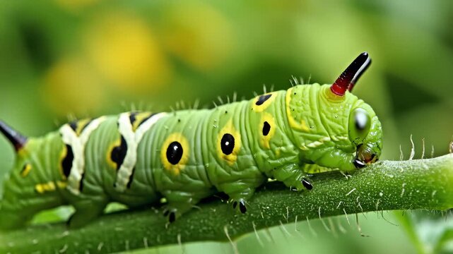 Lime Hawk Moth Caterpillar Crawling on Stem, Macro
