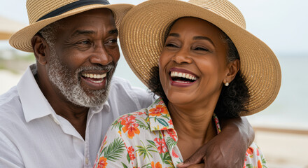Joyful senior couple embracing outdoors in summer hats, laughing together on a bright beach day enjoying retirement happiness