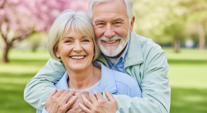 Joyful senior couple embracing outdoors in a vibrant park on a sunny spring day with blooming trees and lush green grass