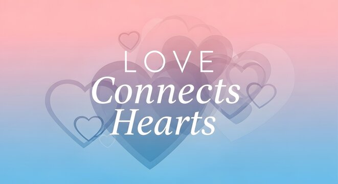 A soft pastel gradient background featuring overlapping heart illustrations and the phrase 'Love Connects Hearts' in elegant white and purple text