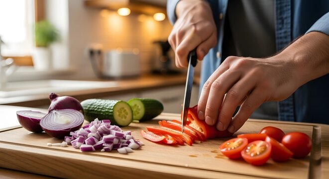 A person chopping fresh vegetables including tomatoes, cucumbers, and onions on a wooden cutting board in a modern kitchen setting