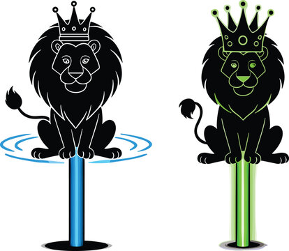 Silhouette lions wearing crowns sitting on colored poles with ripple effects, regal animal logo design, royal barbershop branding vector artwork - Powered by Adobe