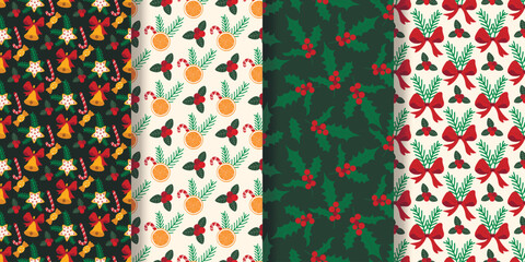 Winter Christmas set of seamless patterns. Cozy, atmospheric, festive, seasonal backgrounds. Prints for textiles, packaging, paper, fabric, design, vector graphics