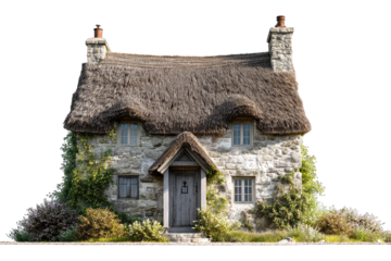 Traditional English stone cottage with thatched roof and green foliage.