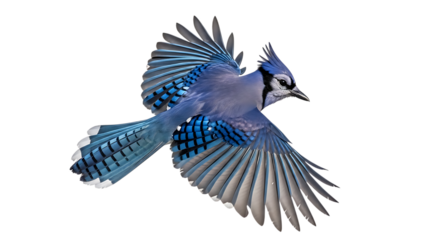 Blue Jay, in Flight with Wings Spread and Detailed Feathers, cutout, PNG isolated on white or transparent background