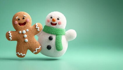 A cute 3D illustration of a smiling gingerbread man and a cheerful snowman wearing a green scarf on a green background with copy space. A festive Christmas concept for cards and children's designs