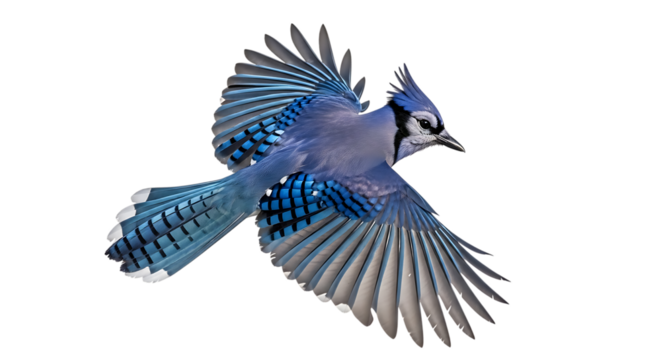 Blue Jay, in Flight with Wings Spread and Detailed Feathers, cutout, PNG isolated on white or transparent background