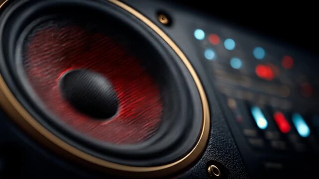Detailed close-up of a speaker with a red interior and gold trim, lights blurred