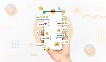 Hand holding smartphone displaying social media chat messages with Colorful emoji reactions and text, Online chat conversation, Digital communication concept, Contemporary art collage