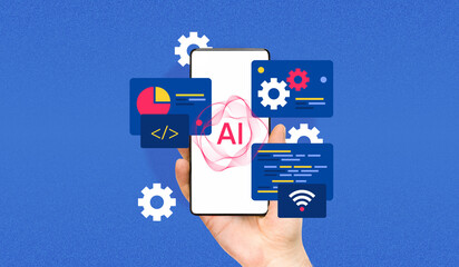 Hand holding smartphone running AI technology for data and coding, Modern business automation and Machine learning, AI-powered application and Software development, Modern art collage