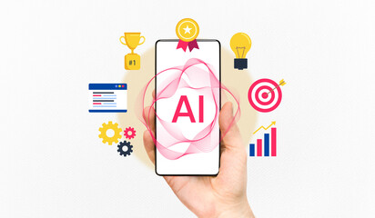 Smartphone AI interface surrounded by success indicators including medal, Light bulb and data analytics, Digital future, AI-powered solutions for targeting and market growth, Modern art collage