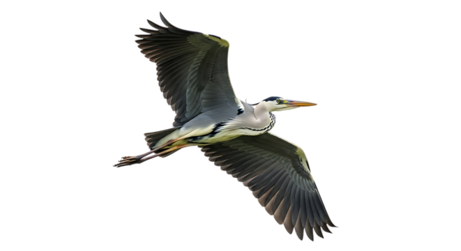 Grey Heron, in flight with wings spread wide showing detailed feathers and orange beak, cutout, PNG isolated on white or transparent background