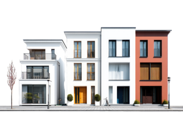 Modern minimalist townhouses with diverse facades and clean architectural lines.
