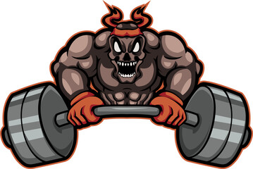 Muscular gym devil lifting barbell, fitness logo or strength training mascot illustration.