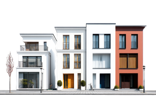 Modern minimalist townhouses with diverse facades and clean architectural lines.