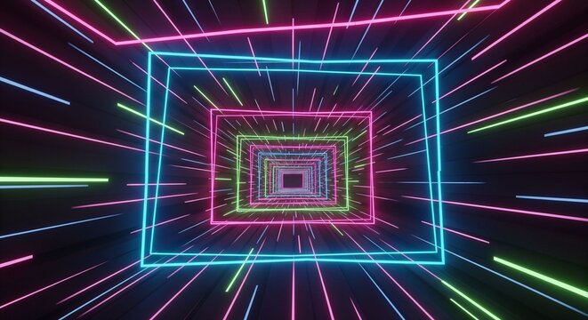 Dynamic neon tunnel with vibrant glowing squares and light streaks, creating an energetic futuristic abstract background.