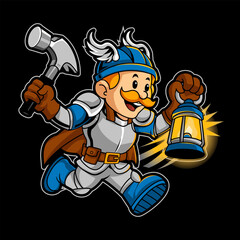 Brave knight adventurer holding hammer and lantern, perfect for mining game or adventure mascot logo.