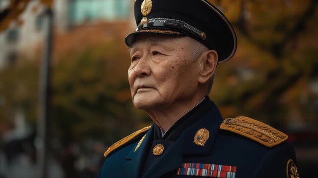 This video features an elderly veteran in traditional military attire. It conveys themes of bravery and respect while showcasing the historic military legacy. Generative AI