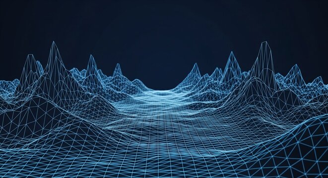 Dynamic digital landscape with glowing blue wireframe mountains and valleys against dark background