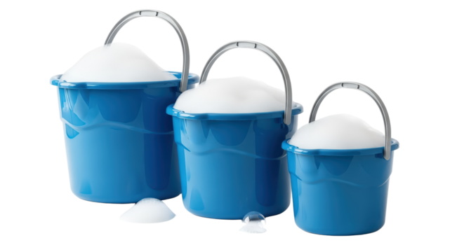 Three Blue Buckets Overflowing with White Suds and Bubbles Isolated On Transparent Background