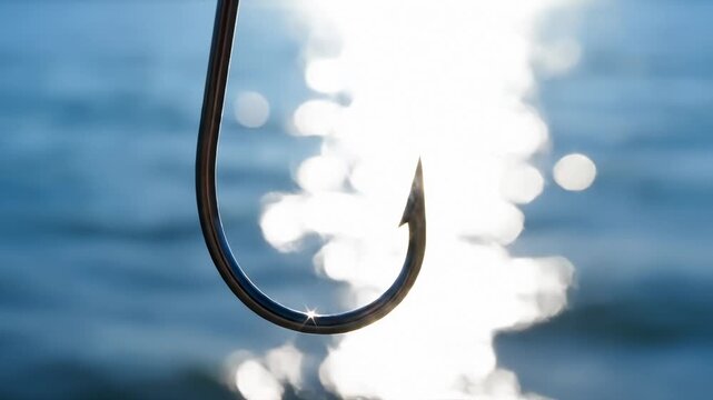 Close Up of Fishing Hook With the Sea and Sun Glare Background