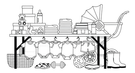 Shop baby clothes and accessories at a garage sale illustration editable