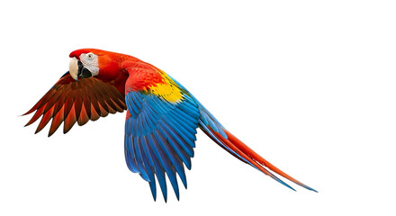 Fototapeta premium Scarlet Macaw, in flight with vibrant red yellow and blue feathers, cutout, PNG isolated on white or transparent background