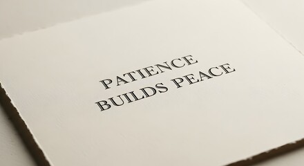 A close-up of a printed quote on a white paper that reads 'Patience Builds Peace' emphasizing calmness and mindfulness