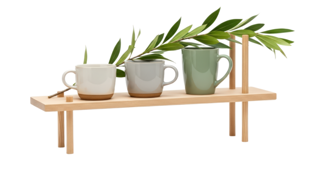 Three Ceramic Mugs White Gray Green On Light Wood Shelf With Green Leaves Isolated On Transparent Background