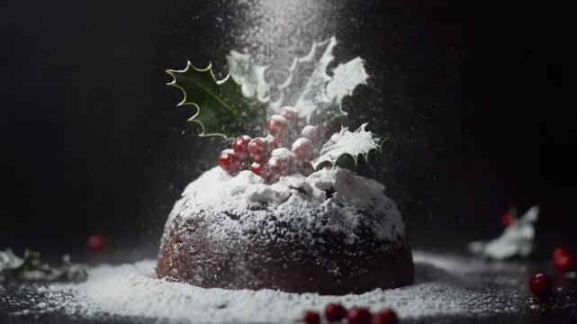 This footage showcases a classic Christmas pudding adorned with holly and berries. Perfect for holiday-themed projects and seasonal promotions. Generative AI