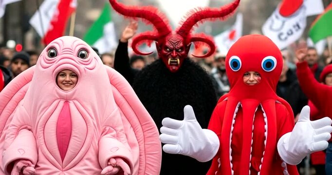 People in costumes at a protest, possibly related to social or political issues