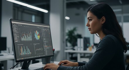 Asian woman in modern office analyzing business data on computer monitor