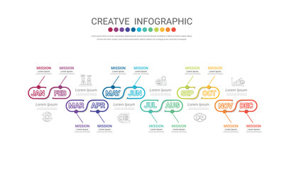 Presentation business infographic template, Timeline for 12 months, 1 year, can be used for workflow, process diagram, flow chart.