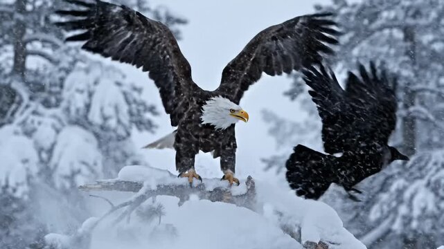 Golden Eagle Taking Off From Snow Covered Branch in Winter Forest
