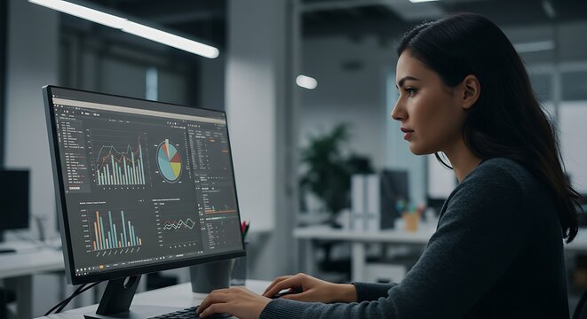 Asian woman in modern office analyzing business data on computer monitor