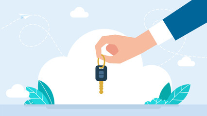 Hand holding car key. Hand holding car key remote control to lock or unlock car. Businessman hand hold car key button. Car alarm system. Vector Illustration.