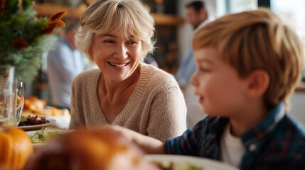Grandmother smiling at grandson during family holiday dinner. Joyful intergenerational gathering celebrating thanksgiving or Christmas together at dining table. Warm family bonding moment at home.
