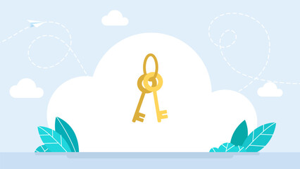 Two keys on the ring sign isolated on white background. A set and a bunch of door keys. Keys graphic icon.  Gold  keys on a large ring. Vector illustration © Yurii