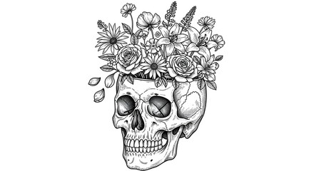 A detailed black and white illustration of a human skull with a vibrant bouquet of flowers blooming from the top, combining elements of anatomy and nature art
