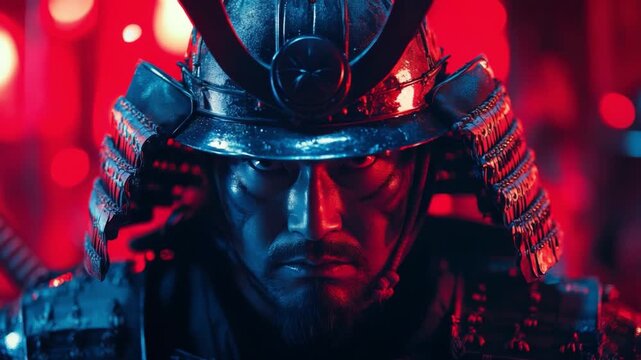 This video showcases a samurai warrior in vibrant red lighting. It embodies strength and tradition. Perfect for projects highlighting culture, martial arts, or historical themes. Generative AI
