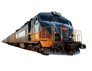 Obraz premium Industrial Freight Train Moving Along Tracks – Front-Angle PNG