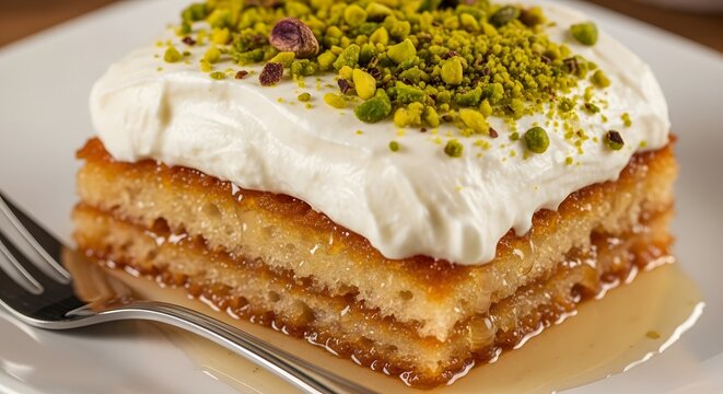 A slice of Aish El Saraya showing layers of syrup-soaked toasted bread, thick Ashta cream, and pistachios. Photorealistic texture of this luxurious Middle Eastern dessert.
