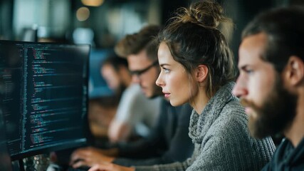 Diverse coding team collaborates on software development project in modern office setting during the day - Powered by Adobe