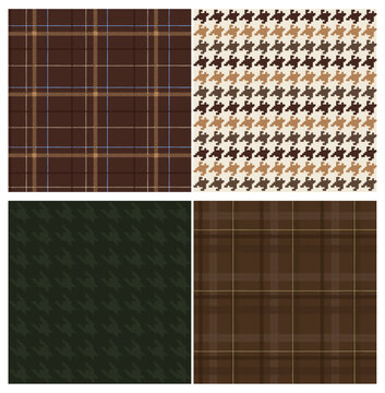 Collection of seamless checkered  houndstooth pattern. Warm autumn and winter colors. Quiet Luxury, Old Money, Vintage textures. Editable vector illustration